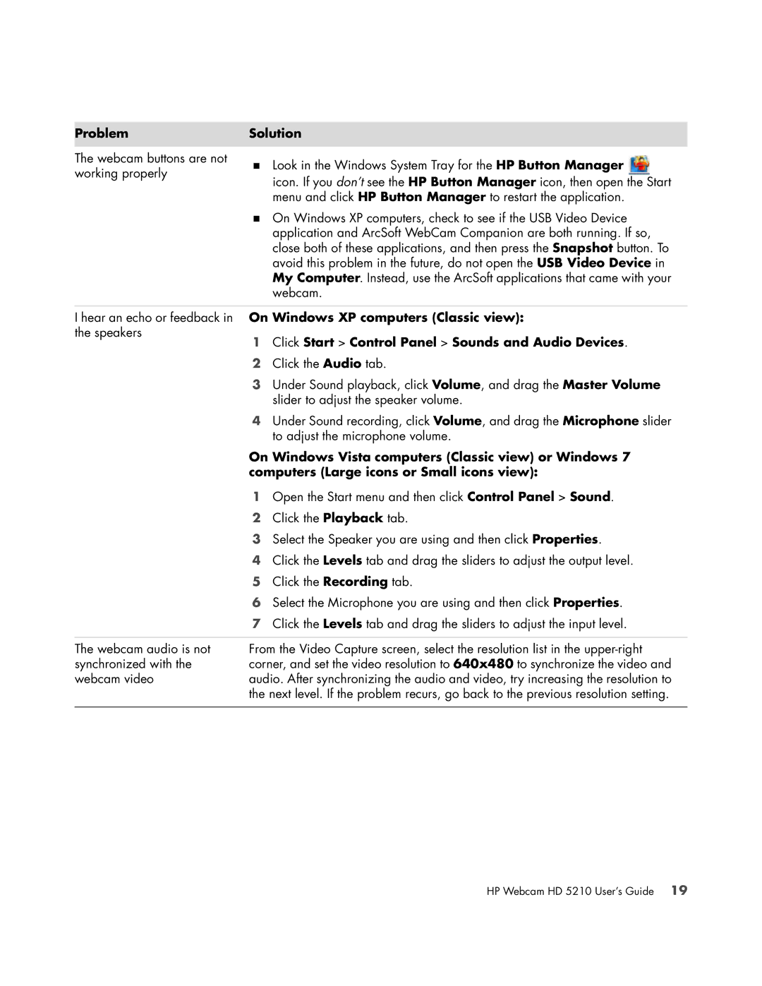 HP HD 5210 manual Click Start Control Panel Sounds and Audio Devices, On Windows Vista computers Classic view or Windows 