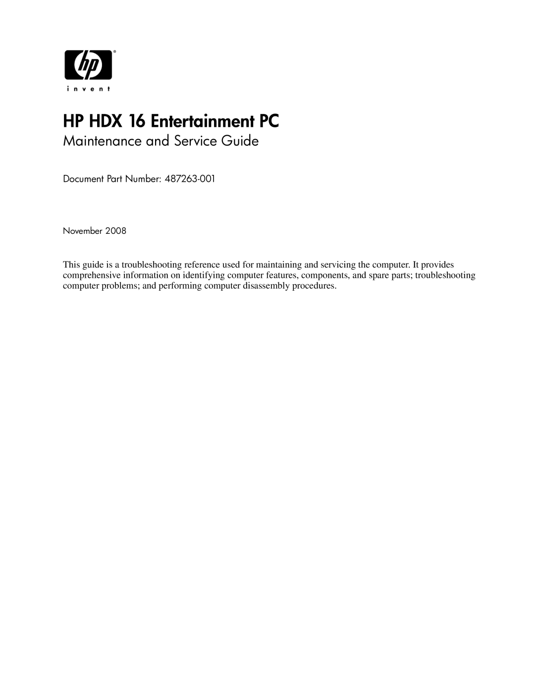 HP manual HP HDX 16 Entertainment PC, Maintenance and Service Guide 