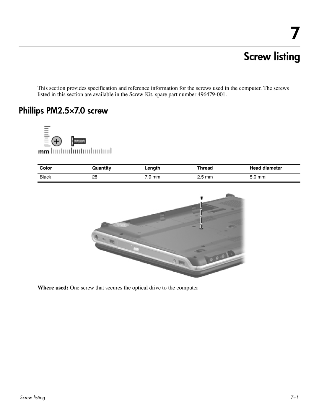 HP HDX 16 manual Screw listing, Phillips PM2.5×7.0 screw, Color Quantity Length Thread Head diameter Black 