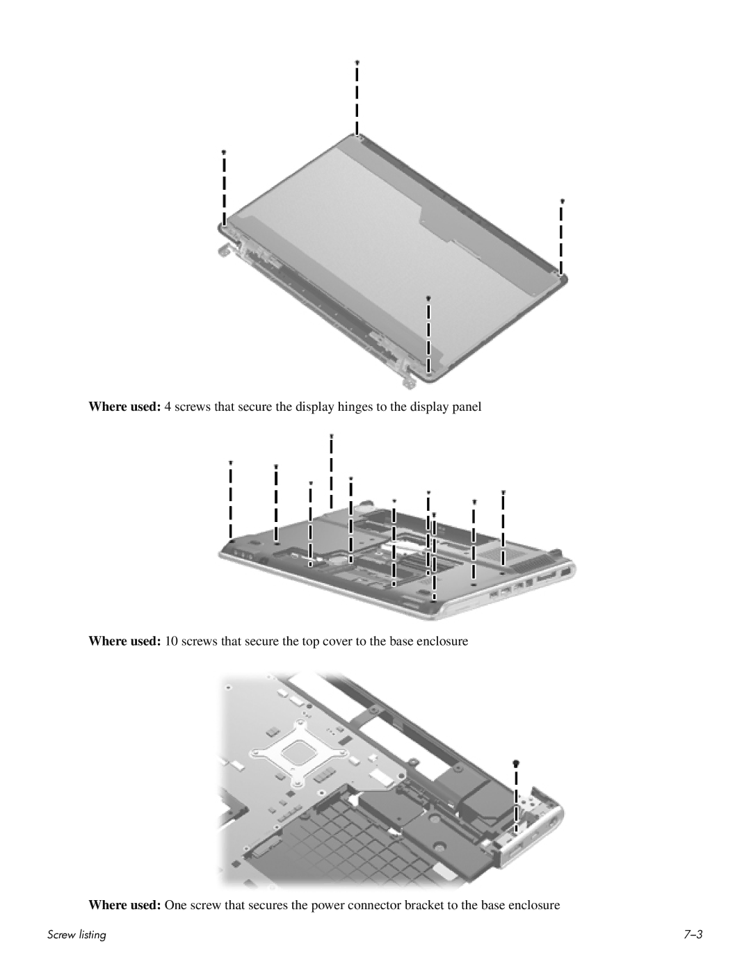 HP HDX 16 manual Screw listing 