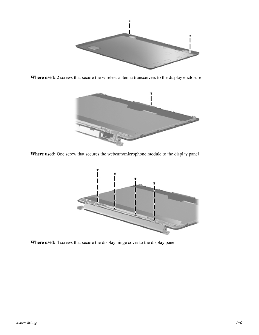 HP HDX 16 manual Screw listing 