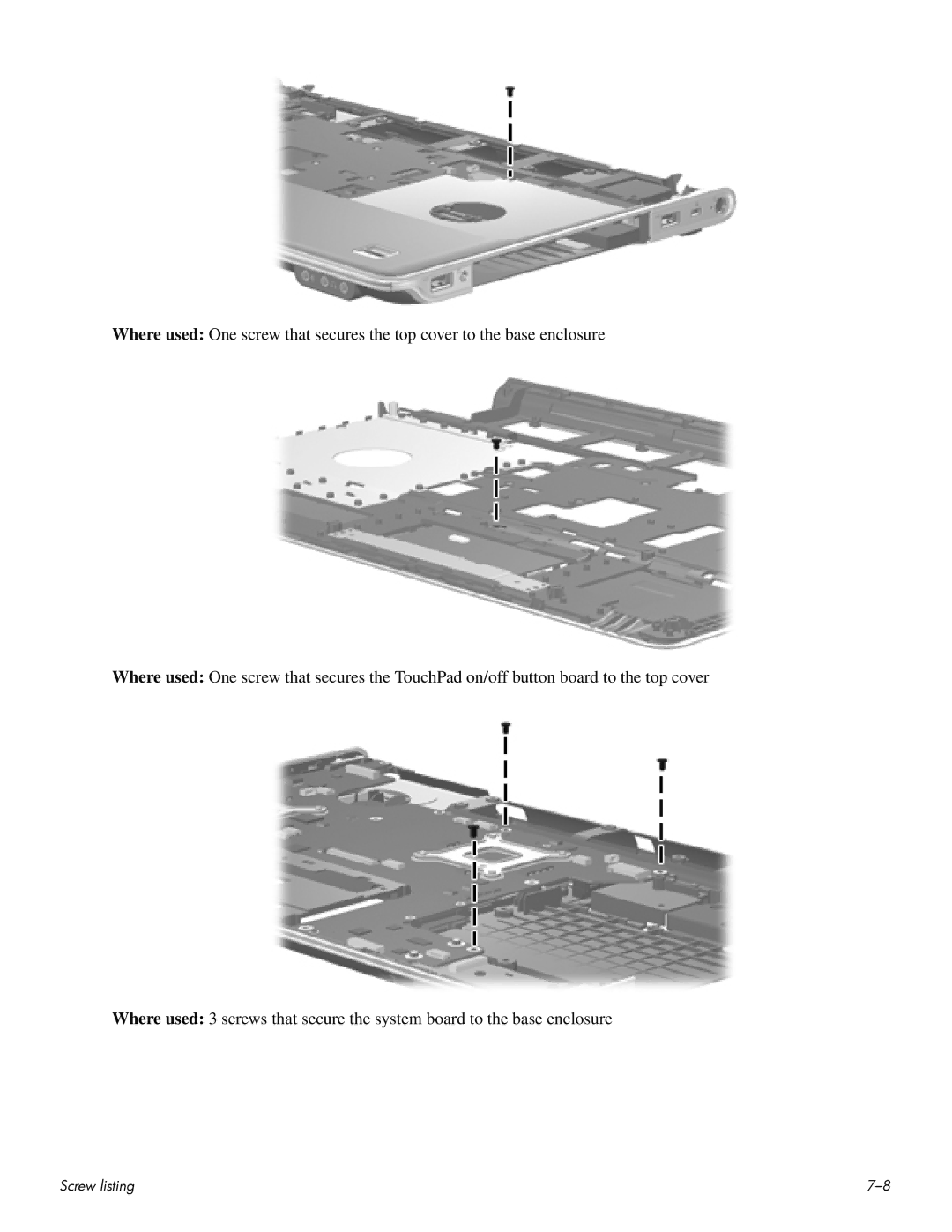 HP HDX 16 manual Screw listing 