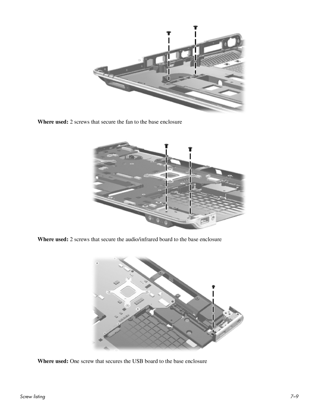 HP HDX 16 manual Screw listing 