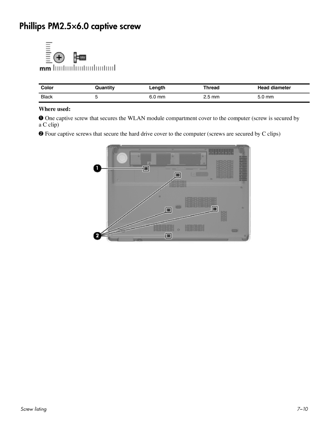 HP HDX 16 manual Phillips PM2.5×6.0 captive screw, Color Quantity Length Thread Head diameter Black 