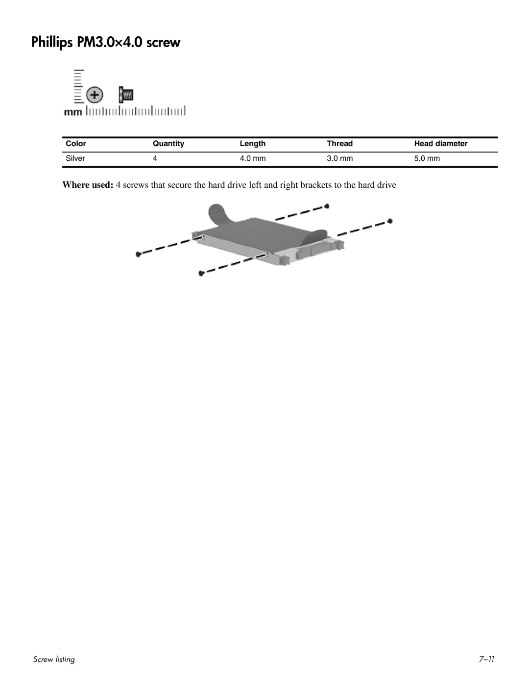 HP HDX 16 manual Phillips PM3.0×4.0 screw, Color Quantity Length Thread Head diameter Silver 