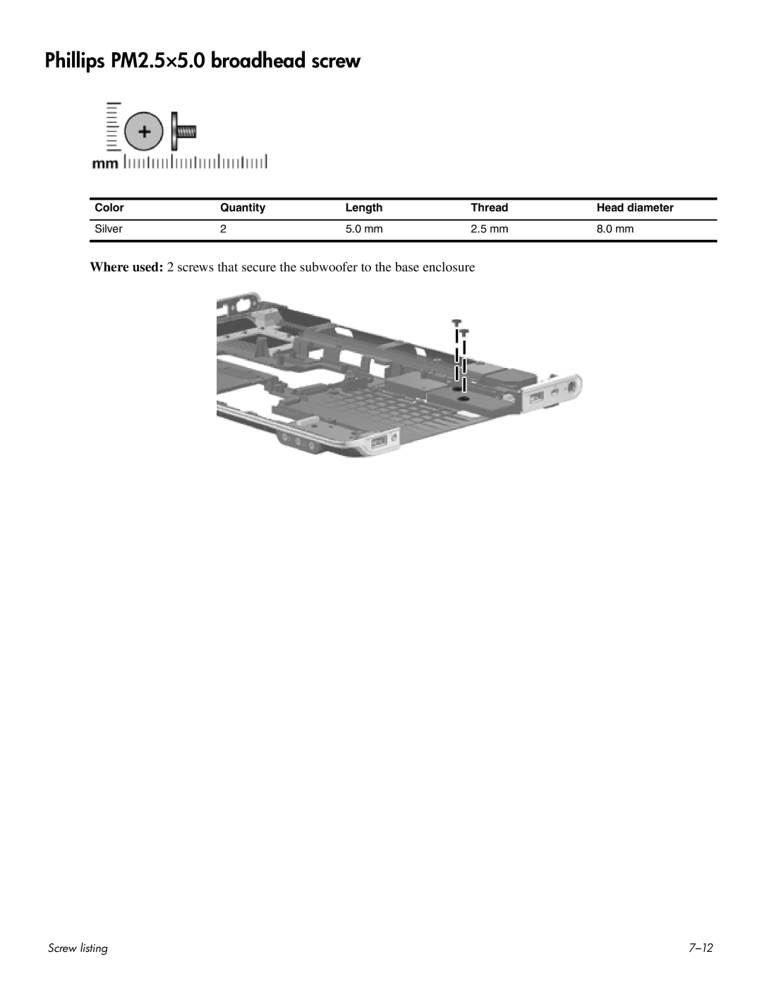 HP HDX 16 manual Phillips PM2.5×5.0 broadhead screw 