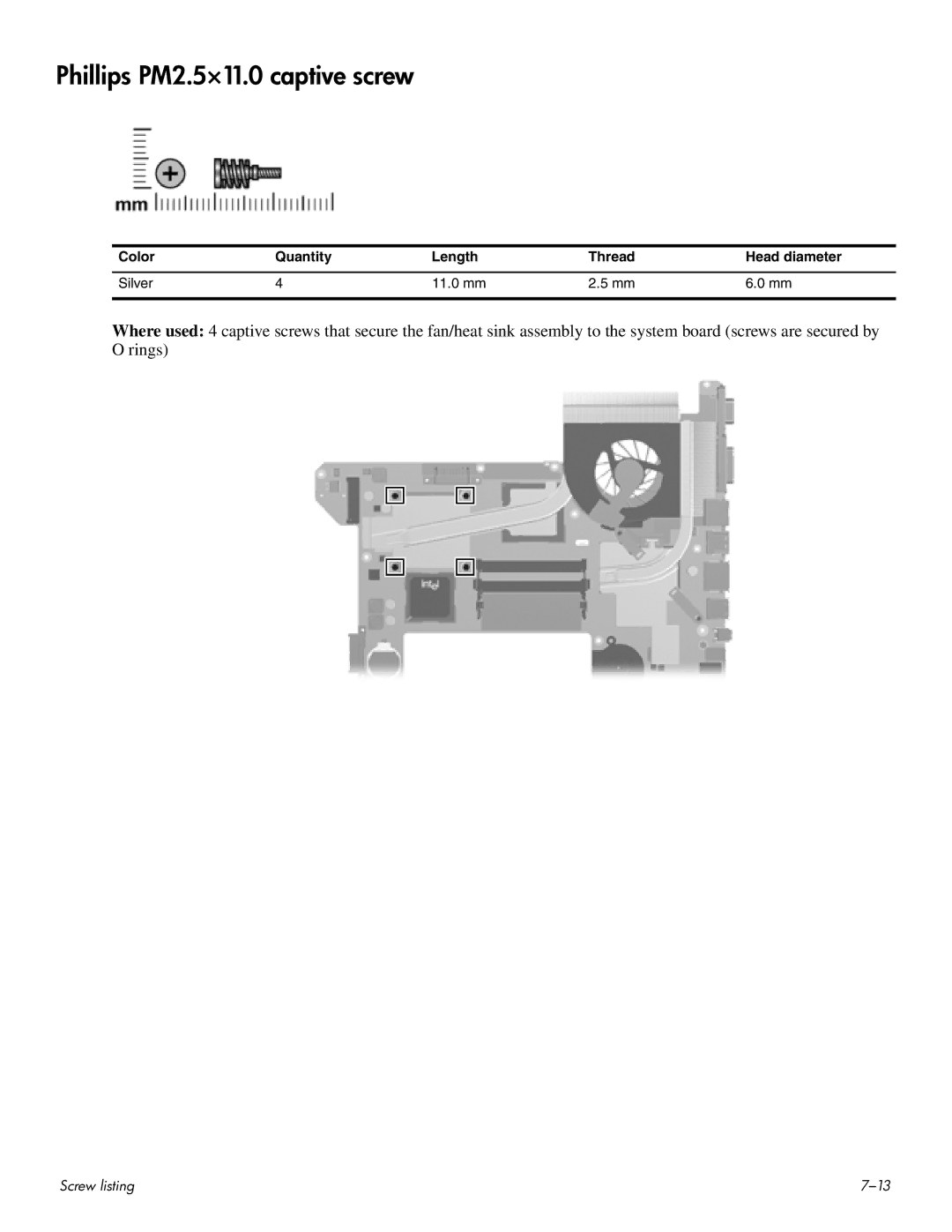 HP HDX 16 manual Phillips PM2.5×11.0 captive screw, Color Quantity Length Thread Head diameter Silver 11.0 mm 