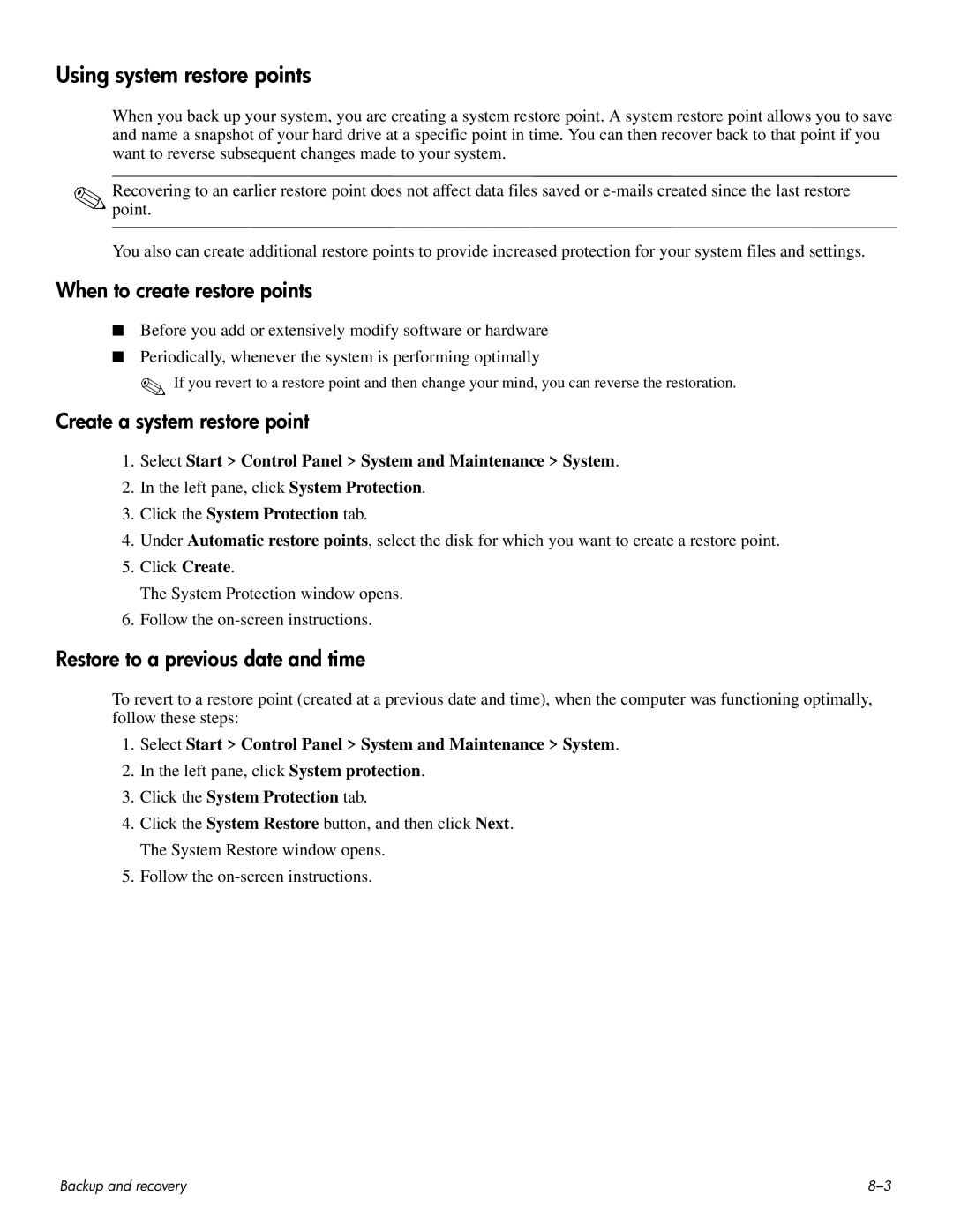 HP HDX 16 manual Using system restore points, When to create restore points 