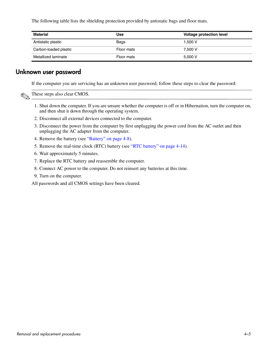 HP HDX 16 manual Unknown user password, Material Use Voltage protection level 