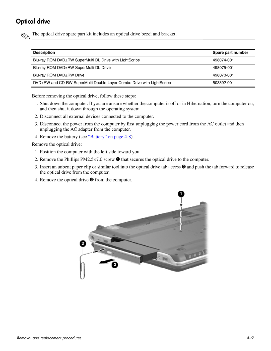 HP HDX 16 manual Optical drive 