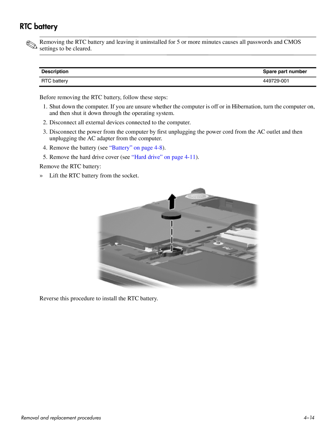 HP HDX 16 manual Description Spare part number RTC battery 449729-001 