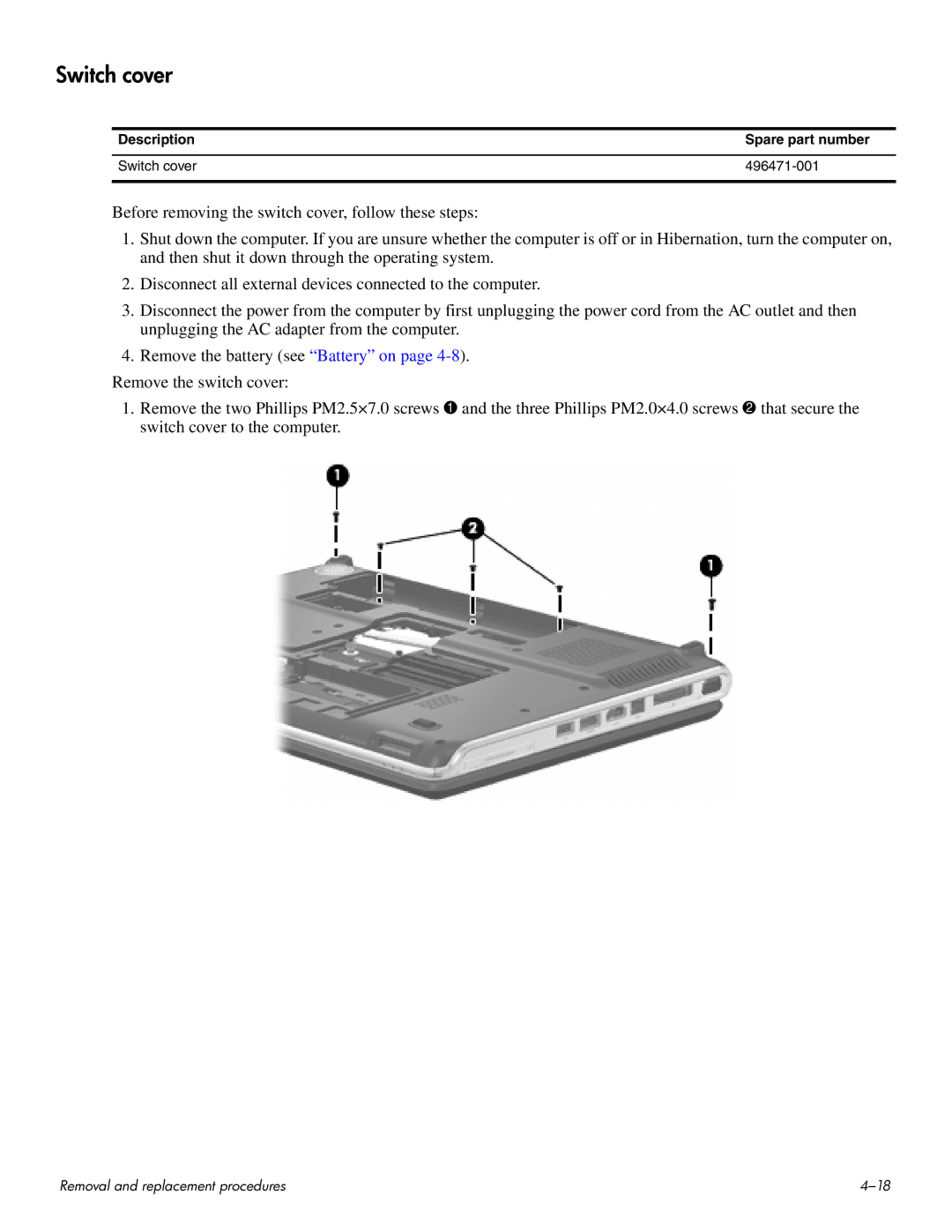 HP HDX 16 manual Description Spare part number Switch cover 496471-001 