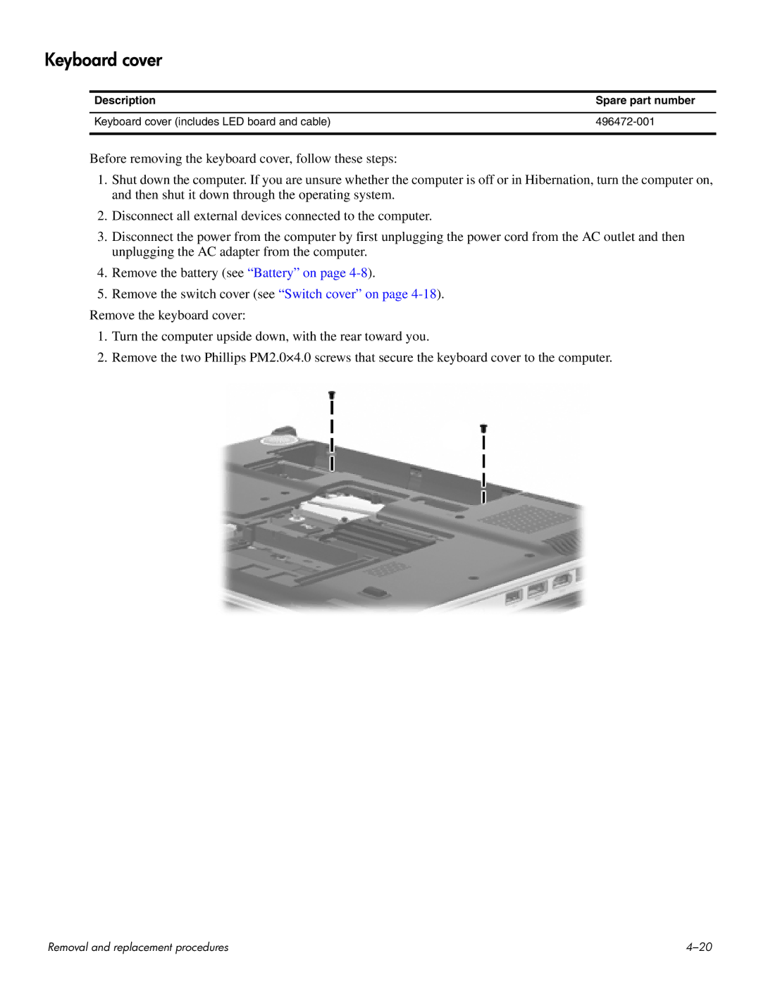 HP HDX 16 manual Keyboard cover 