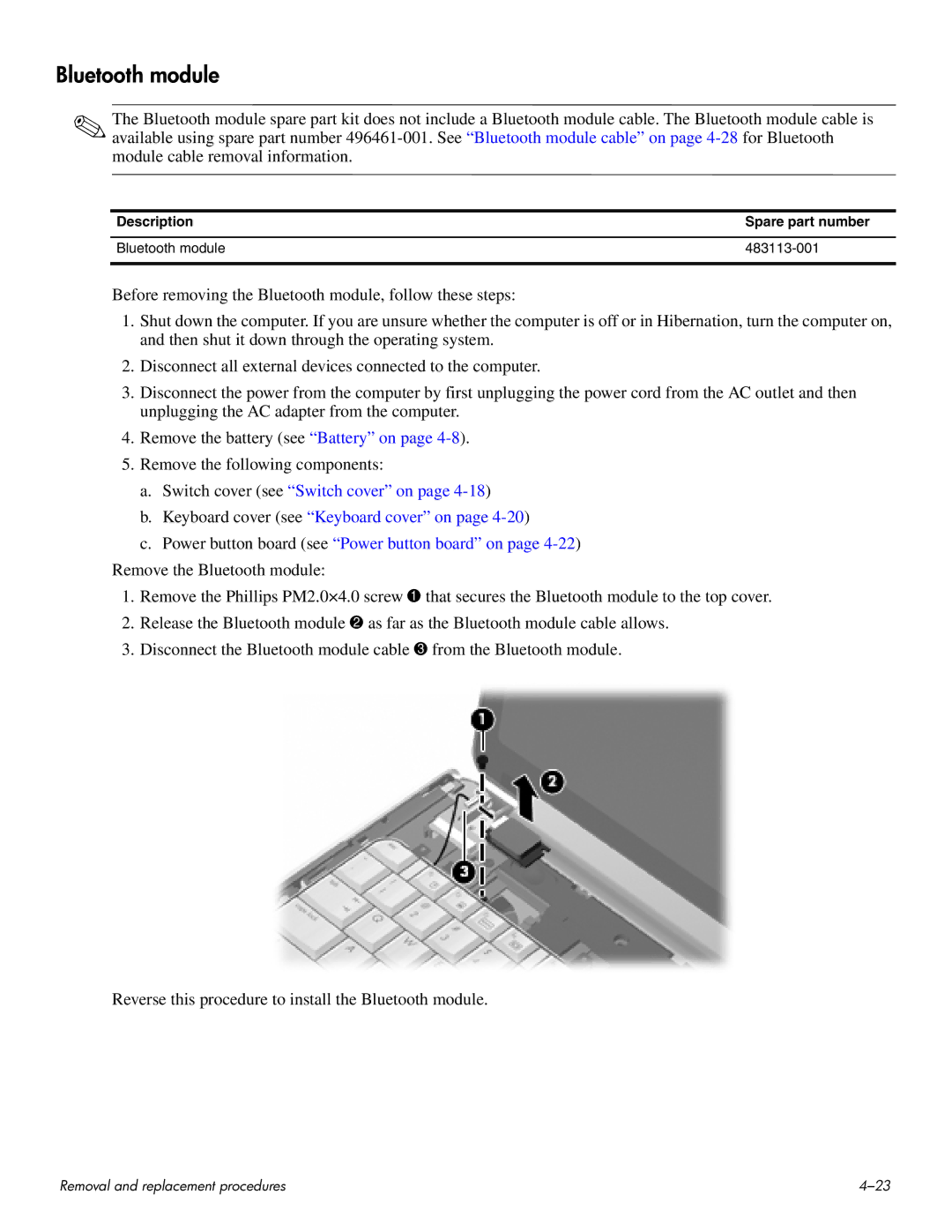HP HDX 16 manual Description Spare part number Bluetooth module 483113-001 
