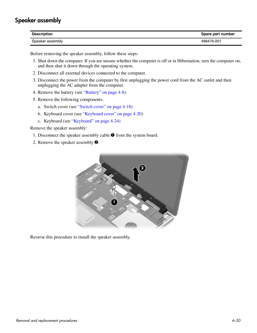 HP HDX 16 manual Description Spare part number Speaker assembly 496476-001 