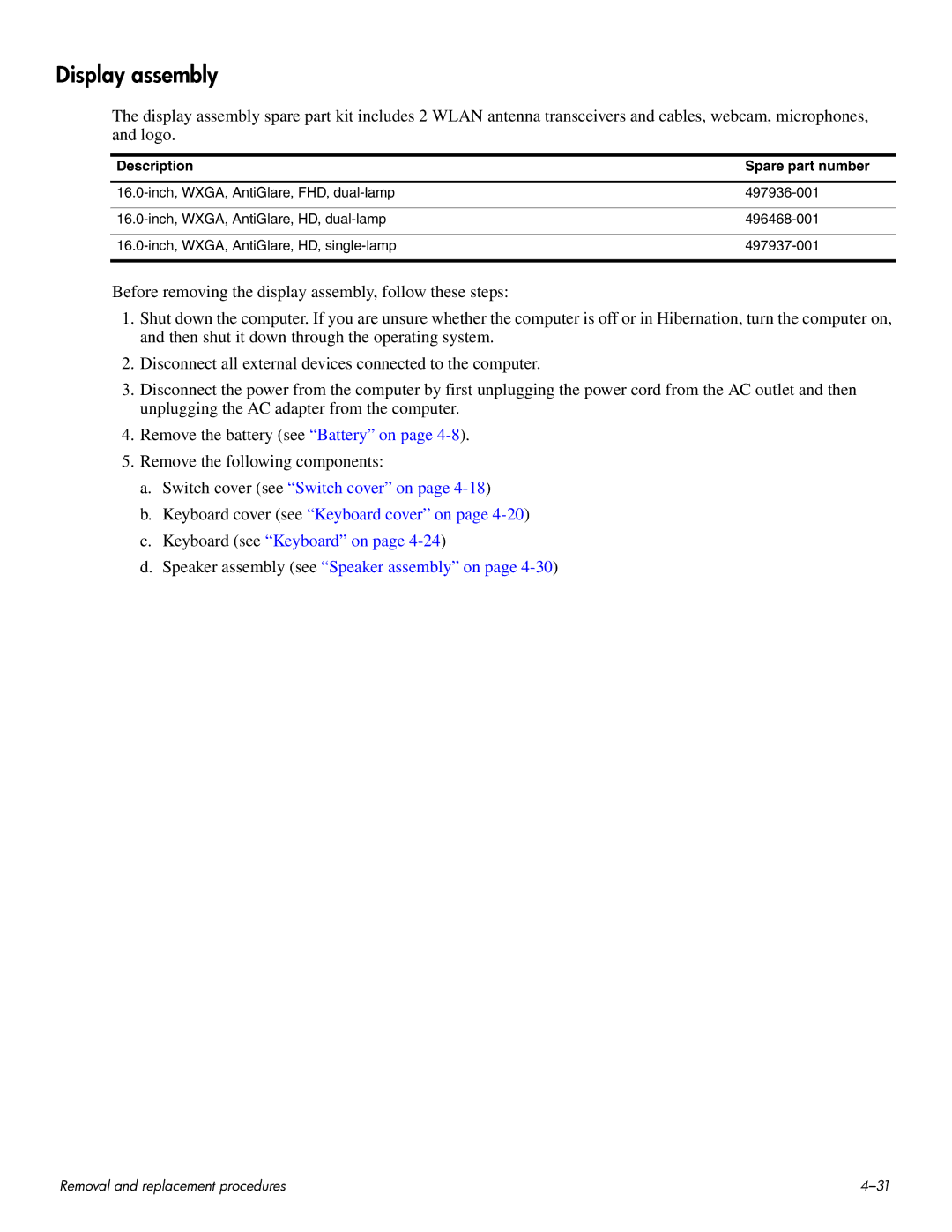HP HDX 16 manual Display assembly, Description Spare part number 