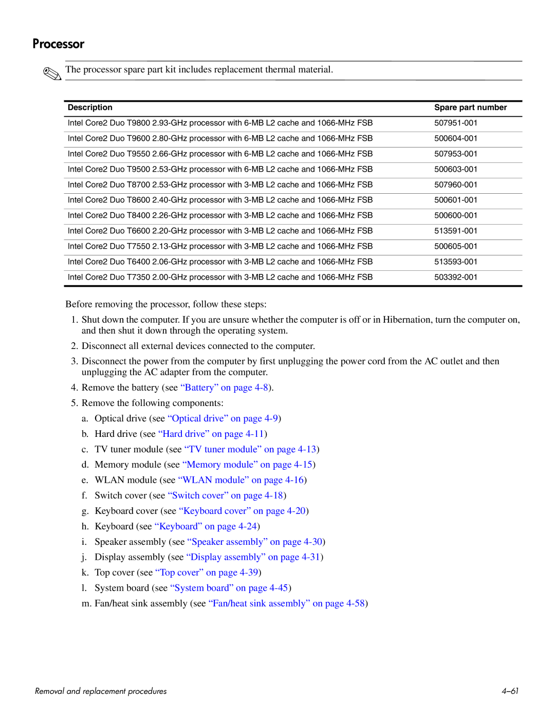 HP HDX 16 manual Processor, Description Spare part number 