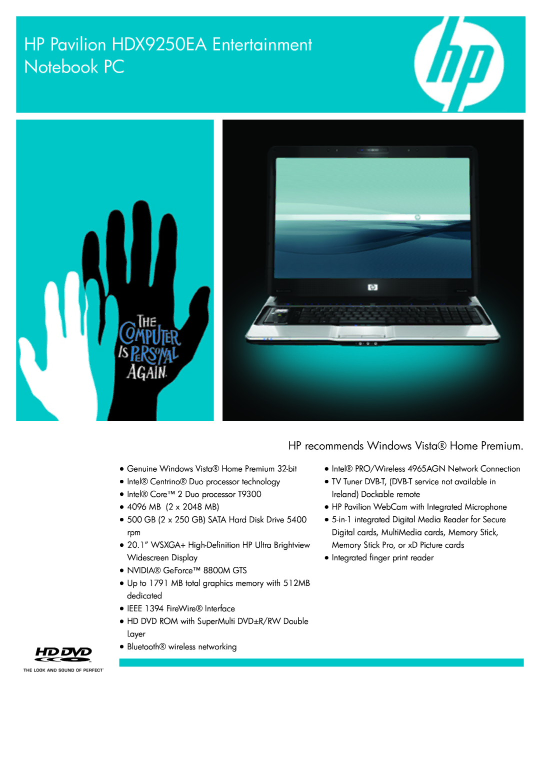 HP manual HP Pavilion HDX9250EA Entertainment, HP recommends Windows Vista Home Premium 