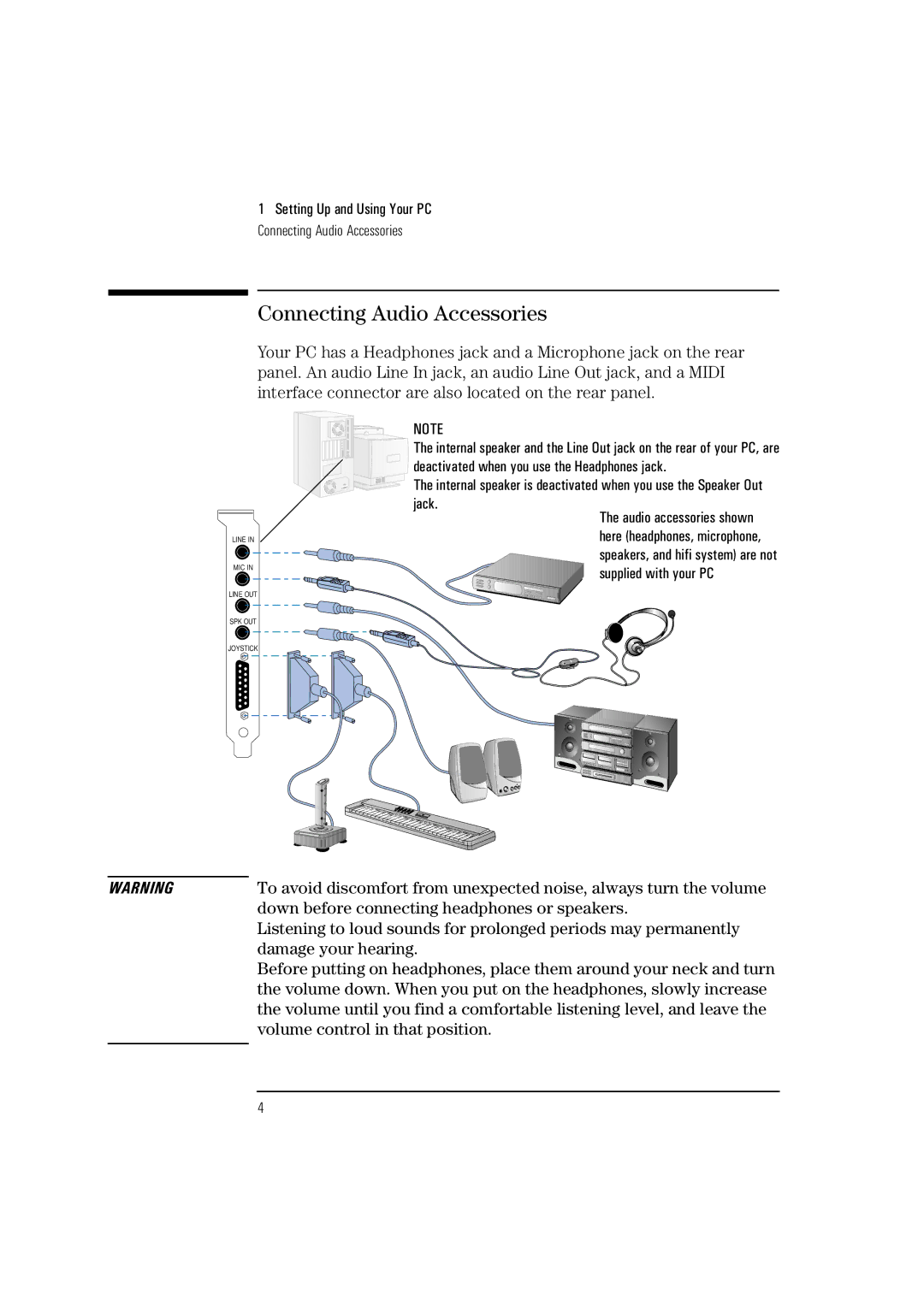 HP HEWLET VECTRA VA 6/XXX Connecting Audio Accessories, Down before connecting headphones or speakers, Damage your hearing 