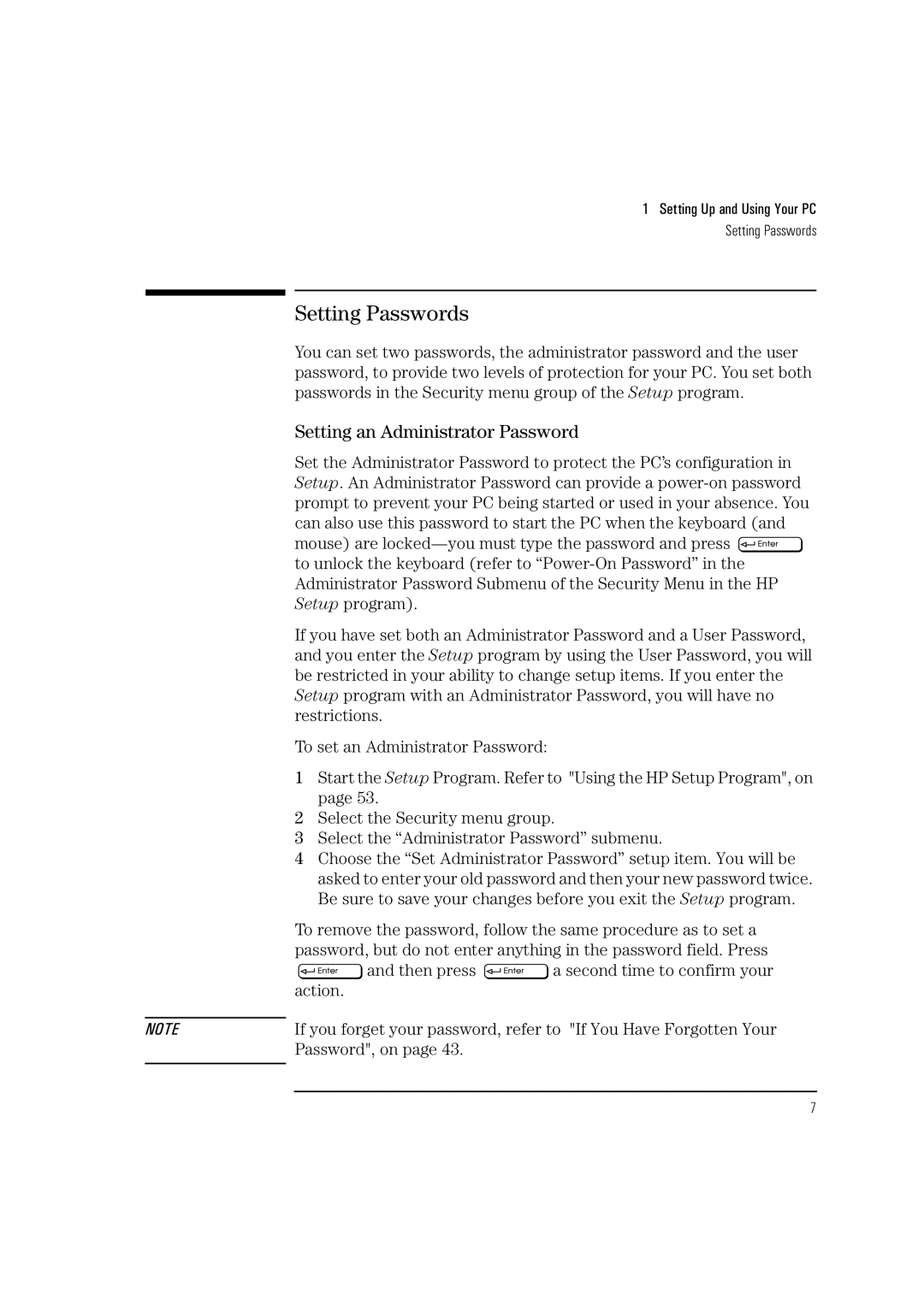 HP HEWLET VECTRA VA 6/XXX manual Setting Passwords, Setting an Administrator Password 