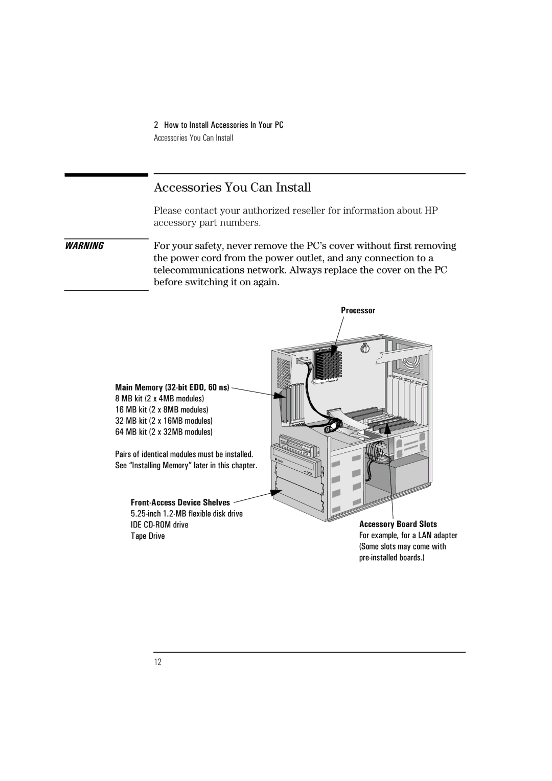 HP HEWLET VECTRA VA 6/XXX manual Accessories You Can Install, Accessory part numbers, Before switching it on again 