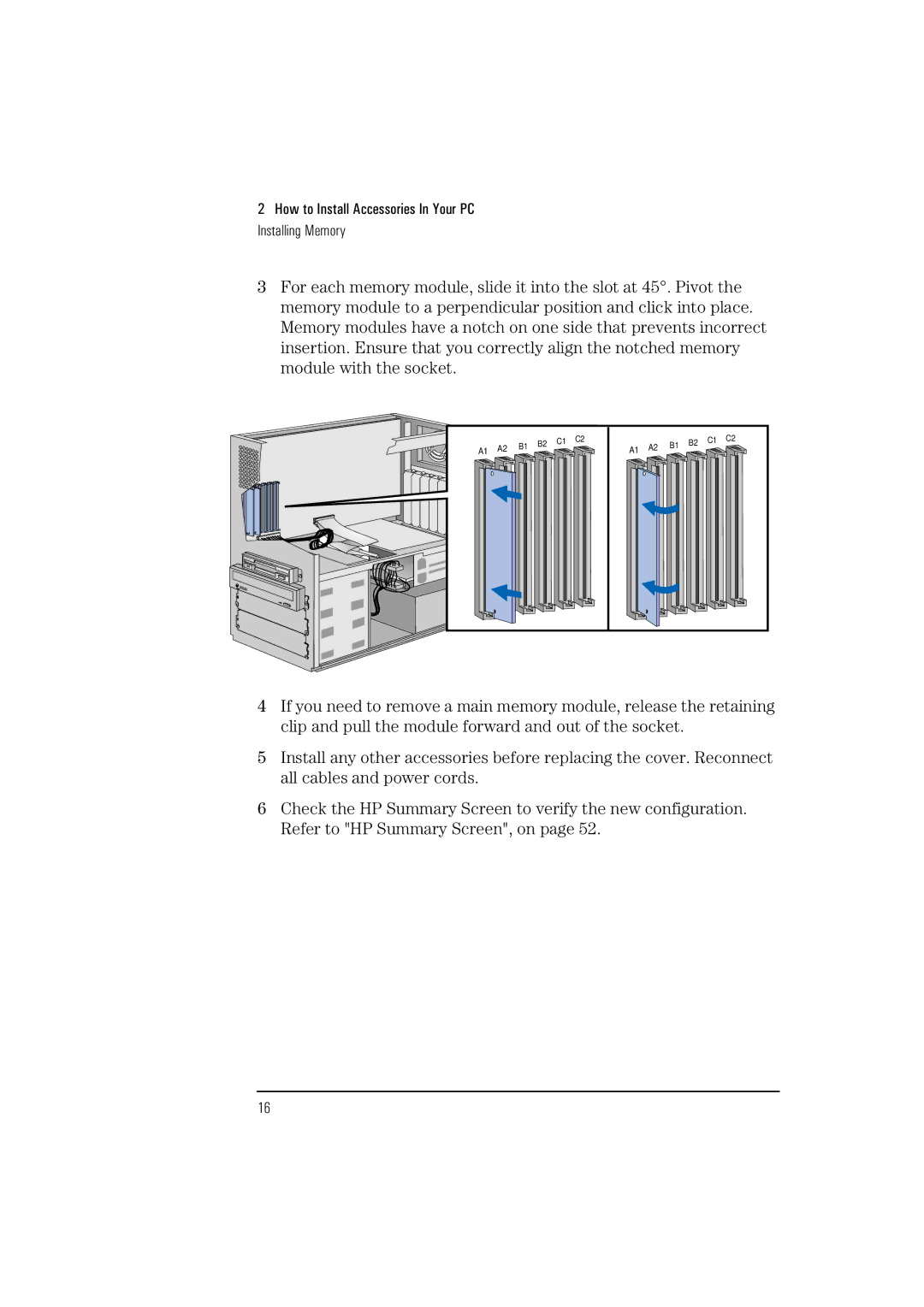 HP HEWLET VECTRA VA 6/XXX manual How to Install Accessories In Your PC Installing Memory 