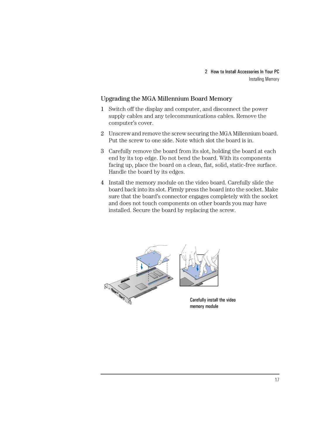 HP HEWLET VECTRA VA 6/XXX manual Upgrading the MGA Millennium Board Memory 