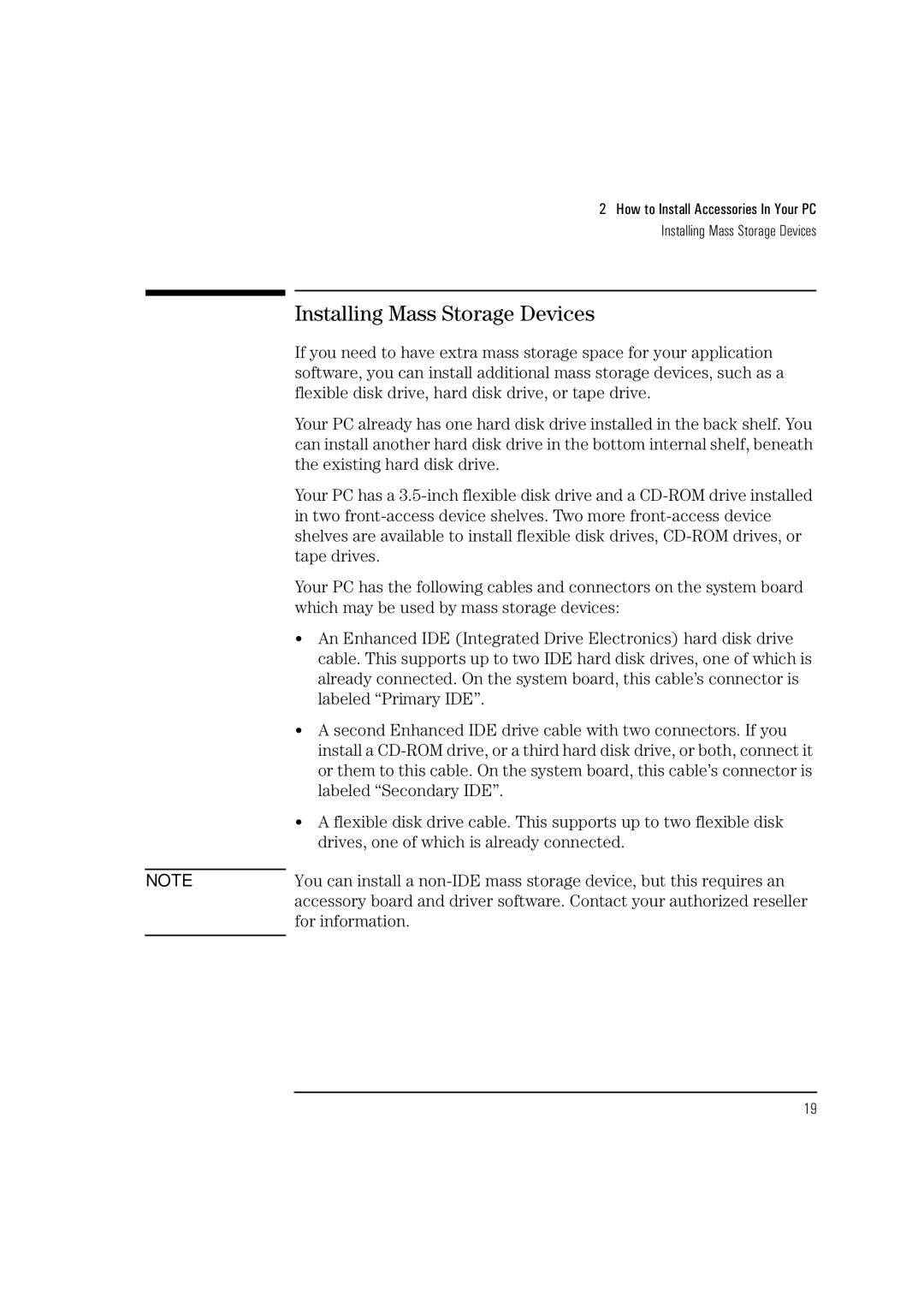 HP HEWLET VECTRA VA 6/XXX manual Installing Mass Storage Devices 