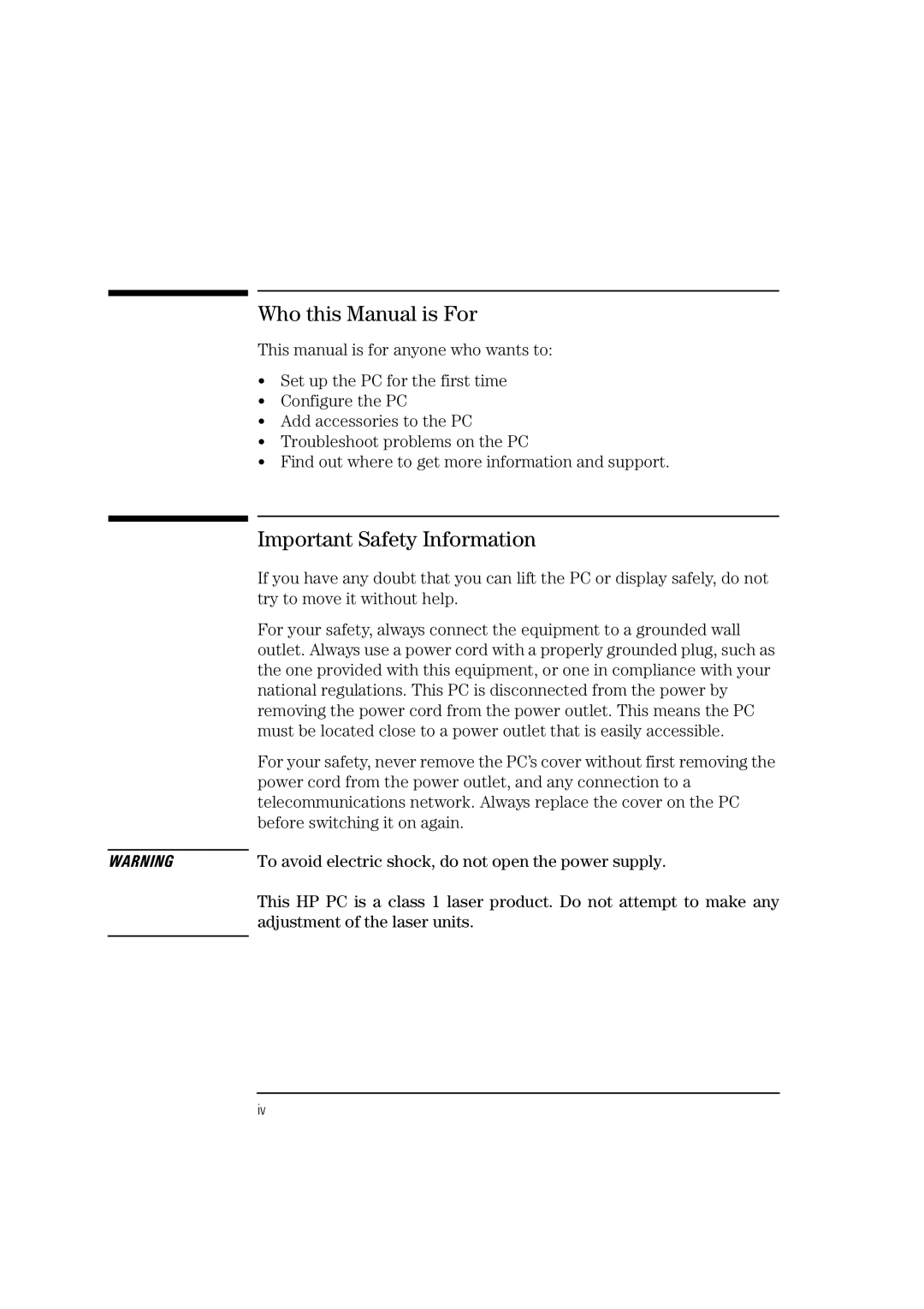 HP HEWLET VECTRA VA 6/XXX manual Who this Manual is For, Important Safety Information 