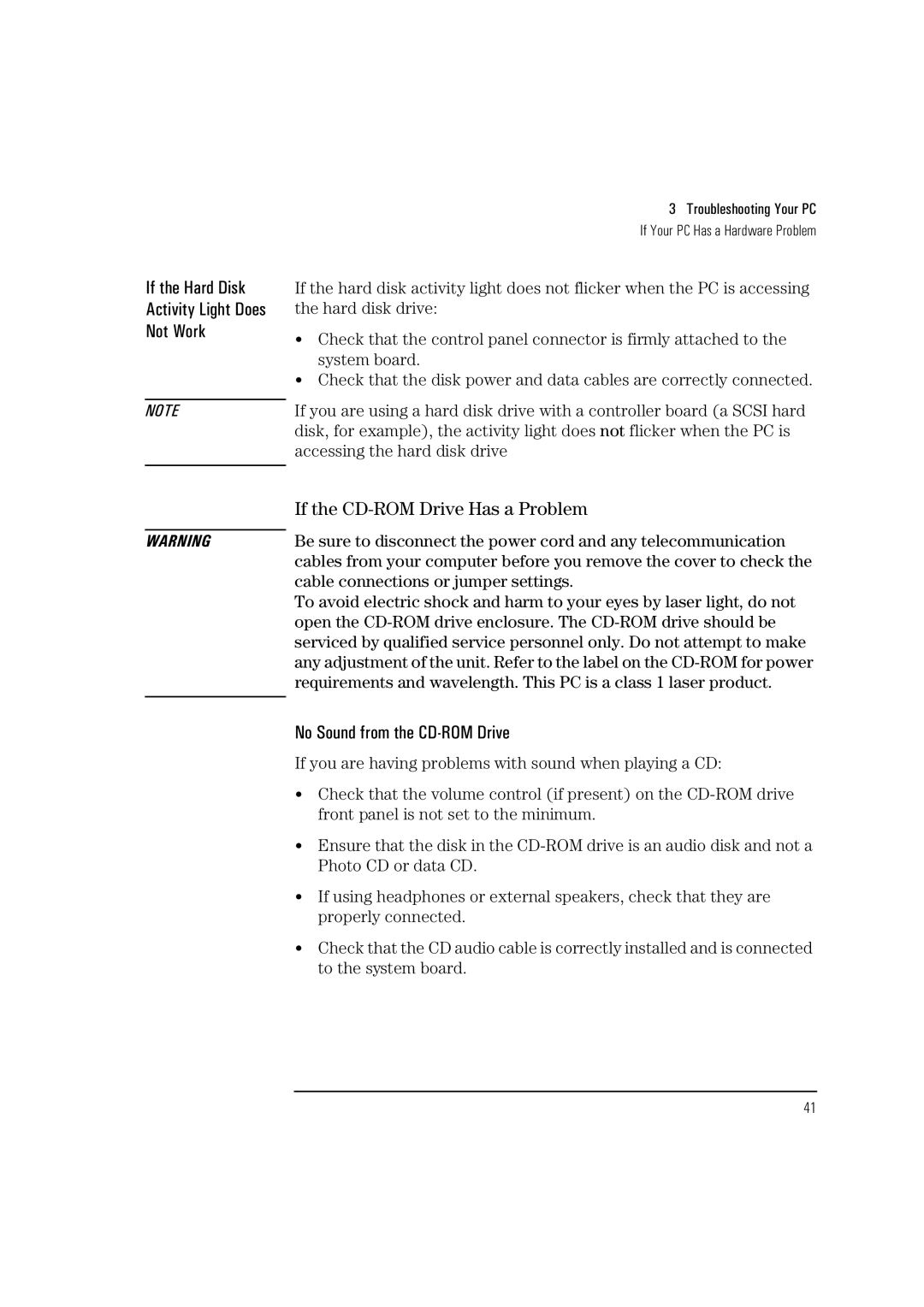 HP HEWLET VECTRA VA 6/XXX manual Not Work, If the CD-ROM Drive Has a Problem 