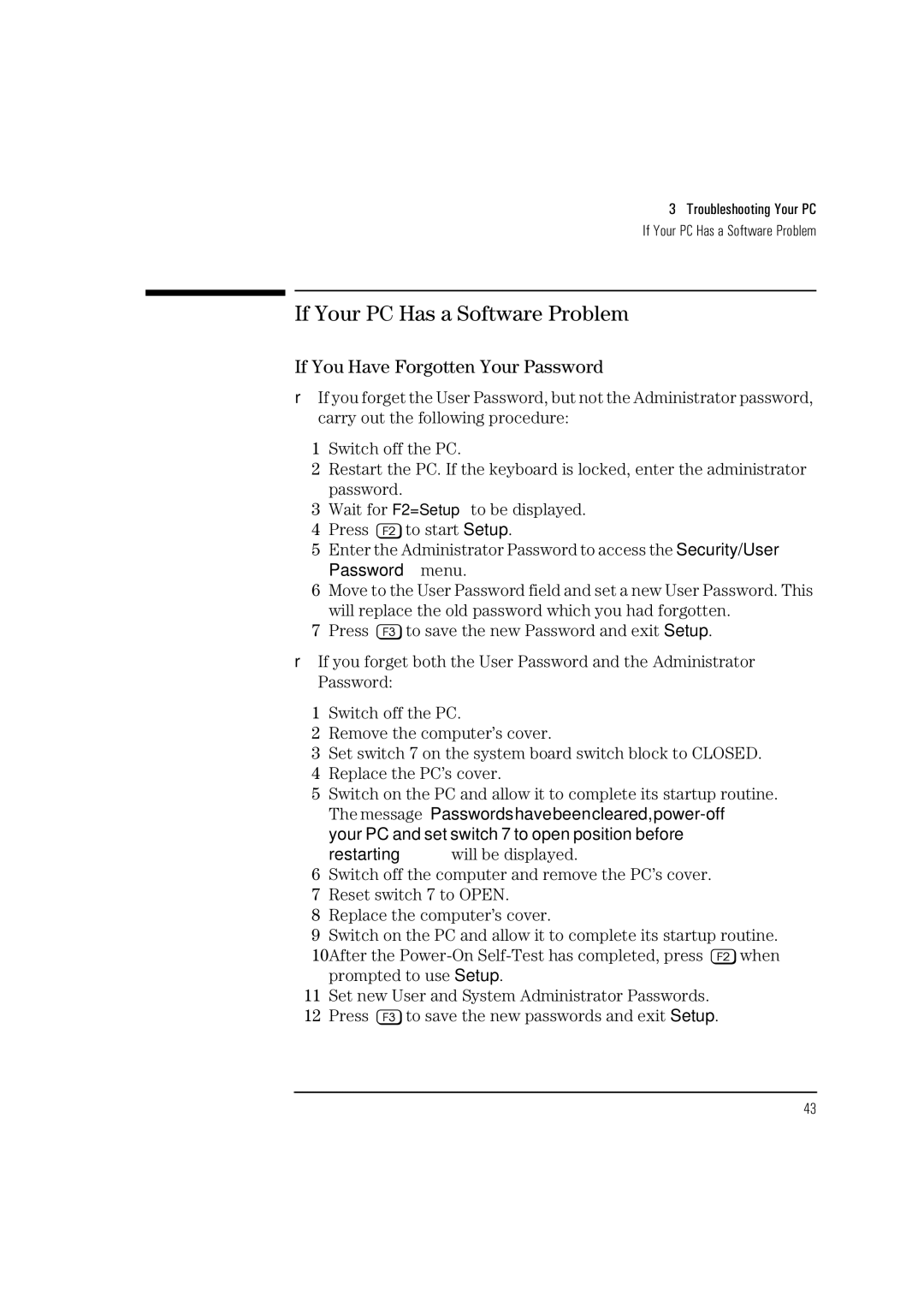 HP HEWLET VECTRA VA 6/XXX manual If Your PC Has a Software Problem, If You Have Forgotten Your Password 