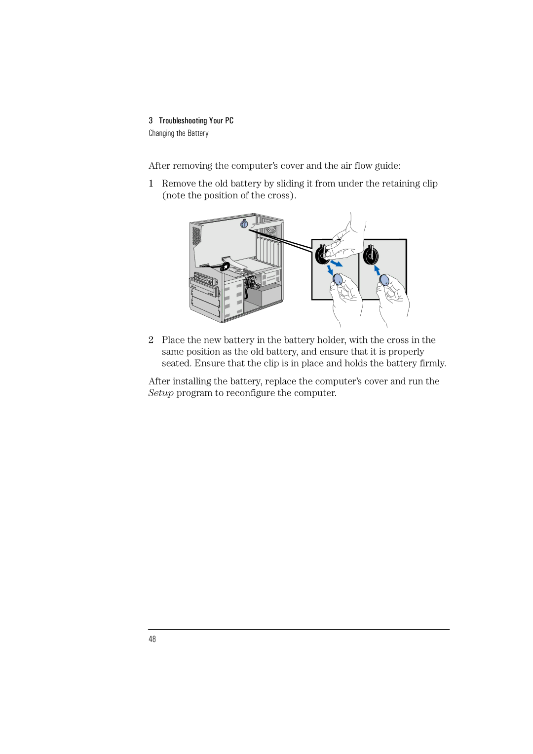 HP HEWLET VECTRA VA 6/XXX manual Troubleshooting Your PC Changing the Battery 