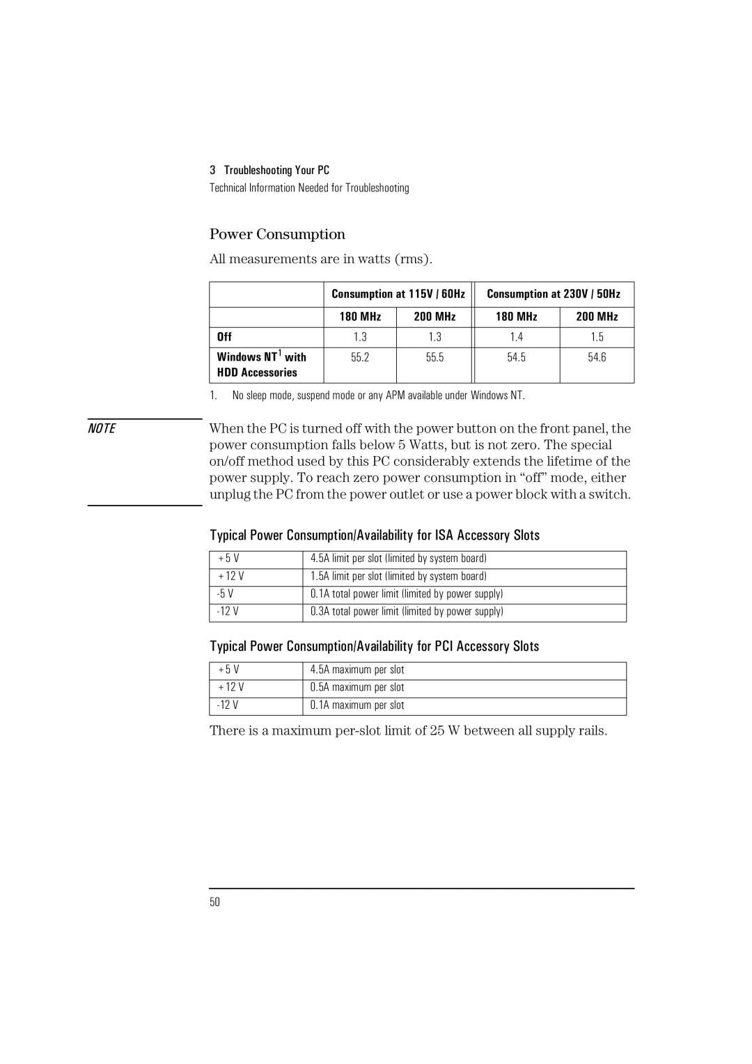 HP HEWLET VECTRA VA 6/XXX manual Power Consumption, All measurements are in watts rms, MHz 200 MHz Off, HDD Accessories 