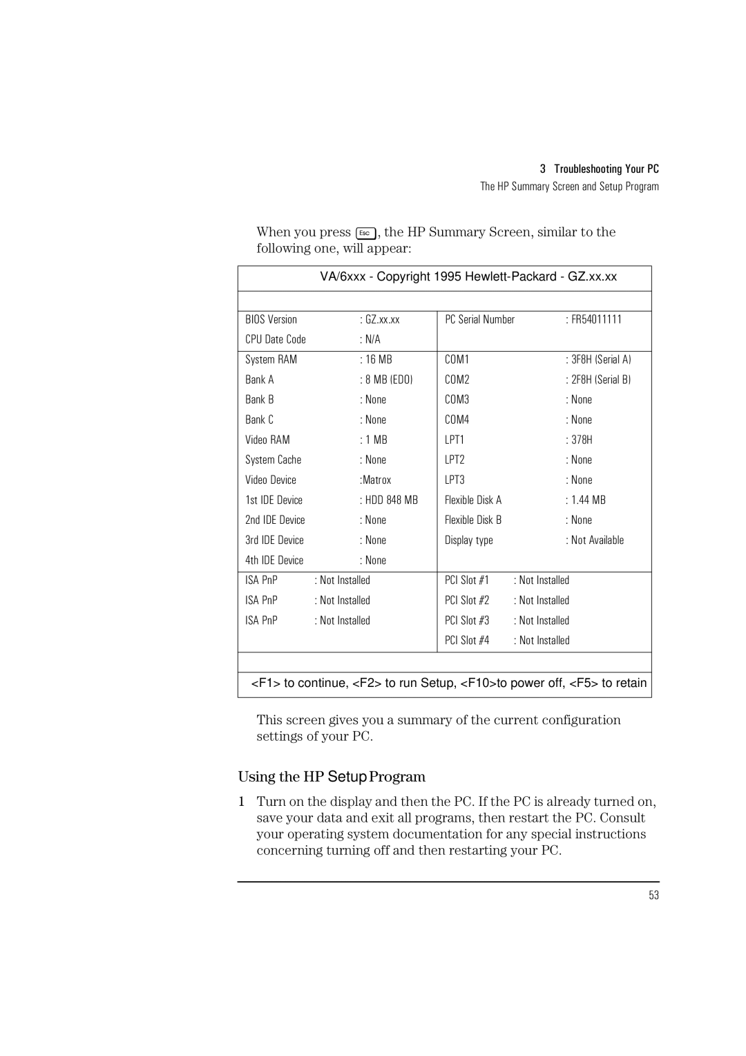 HP HEWLET VECTRA VA 6/XXX manual Using the HP Setup Program, VA/6xxx Copyright 1995 Hewlett-Packard GZ.xx.xx 