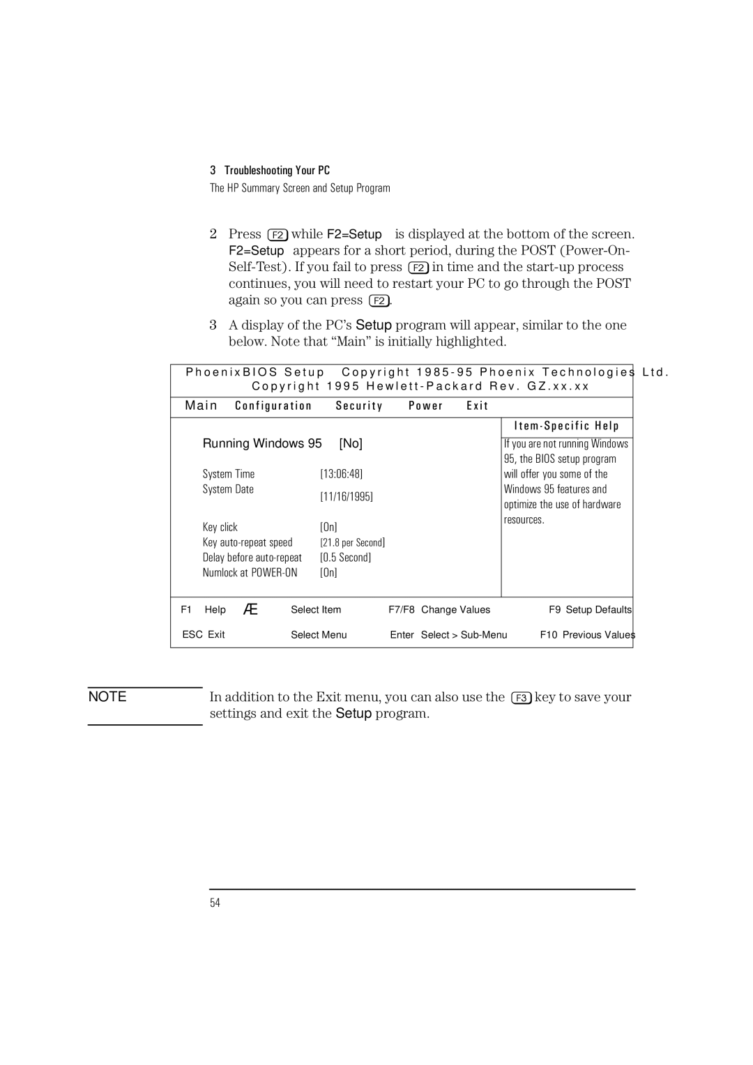 HP HEWLET VECTRA VA 6/XXX manual Settings and exit the Setup program, I n 