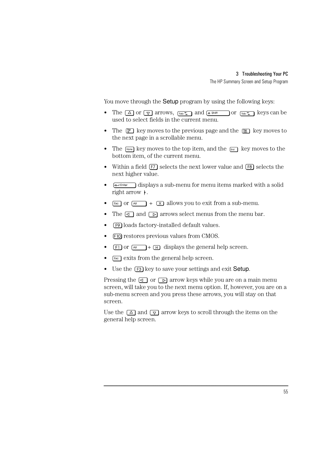 HP HEWLET VECTRA VA 6/XXX manual Troubleshooting Your PC HP Summary Screen and Setup Program 