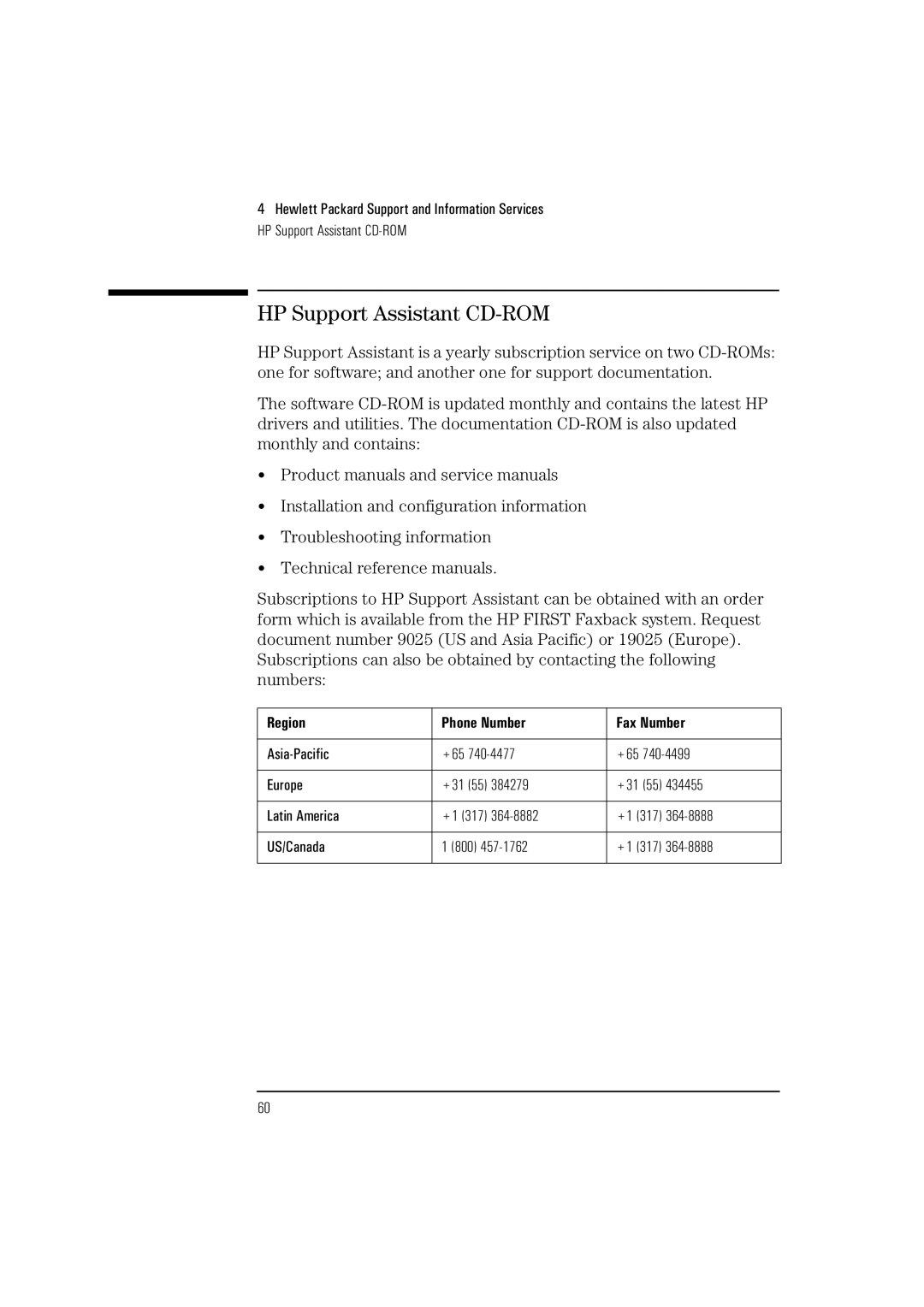 HP HEWLET VECTRA VA 6/XXX manual HP Support Assistant CD-ROM, Region Phone Number Fax Number 