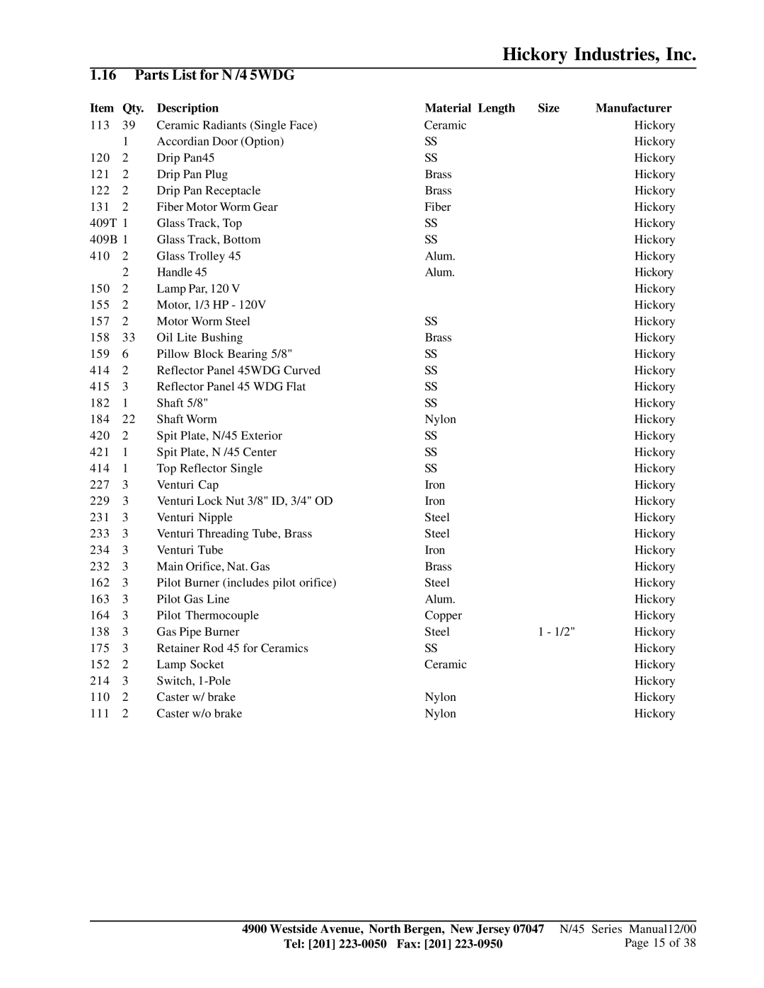 HP Hickory Rotis 45WDG PLUS manual Parts List for N /4 5WDG, Qty Description Material Length Size Manufacturer 