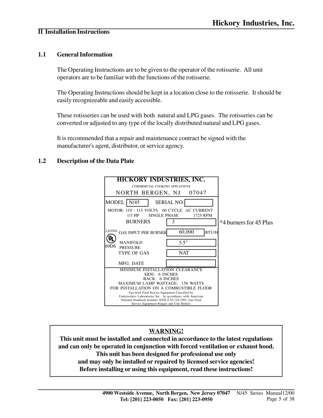 HP Hickory Rotis 45WDG PLUS manual II Installation Instructions General Information, Description of the Data Plate 