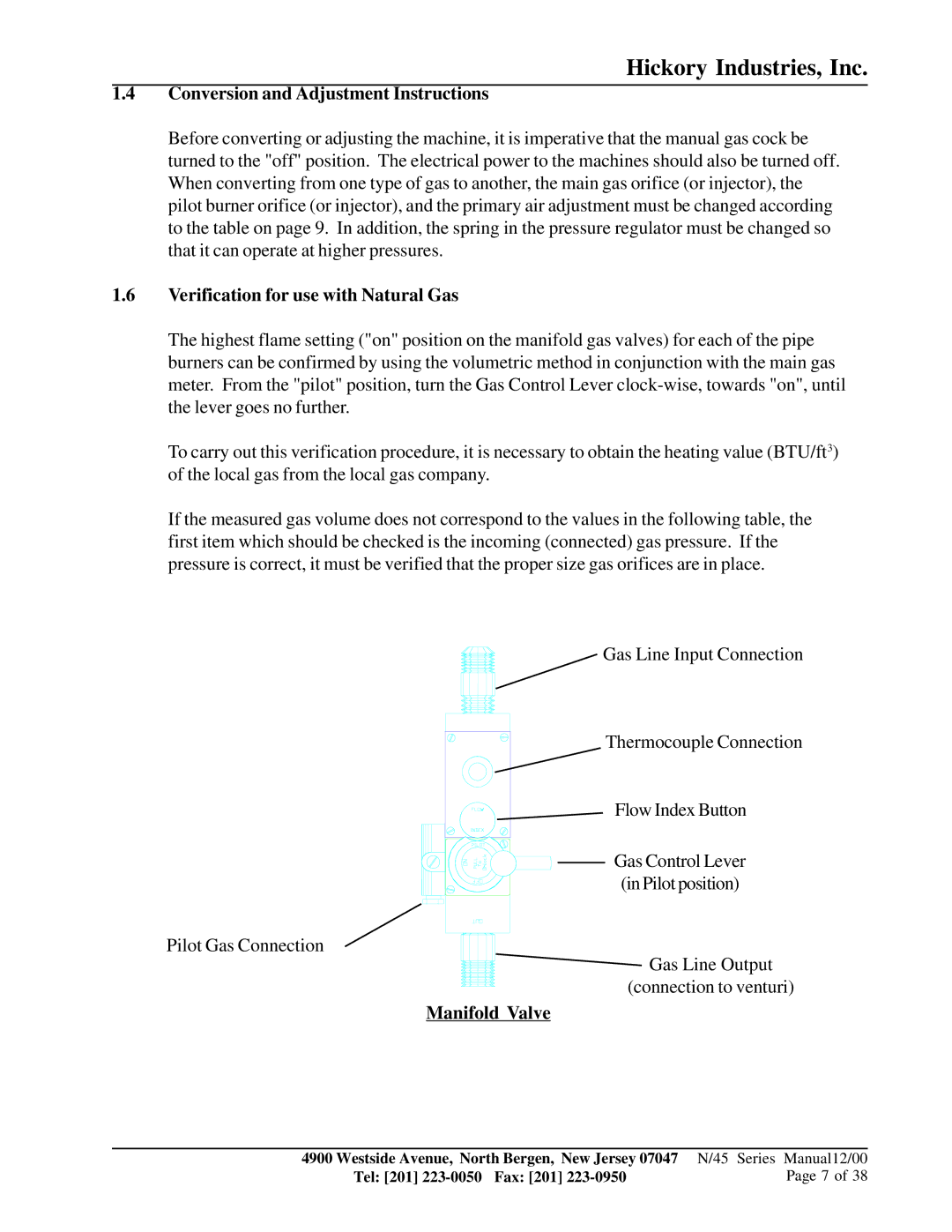 HP Hickory Rotis 45WDG PLUS Conversion and Adjustment Instructions, Verification for use with Natural Gas, Manifold Valve 