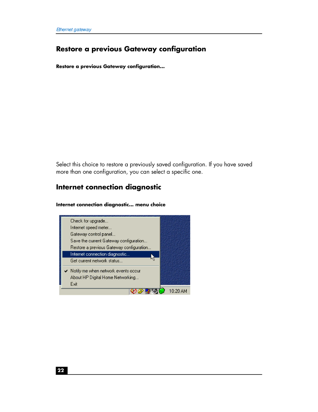 HP hn200e manual Restore a previous Gateway configuration, Internet connection diagnostic 