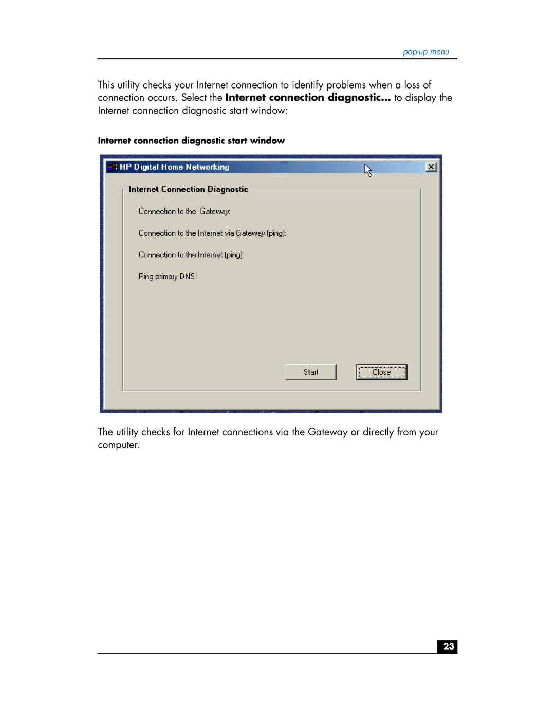 HP hn200e manual Internet connection diagnostic start window 