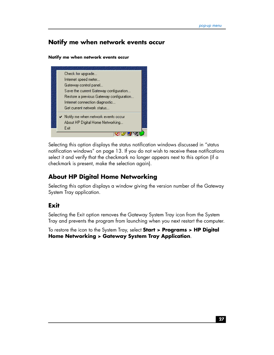 HP hn200e manual Notify me when network events occur, About HP Digital Home Networking, Exit 