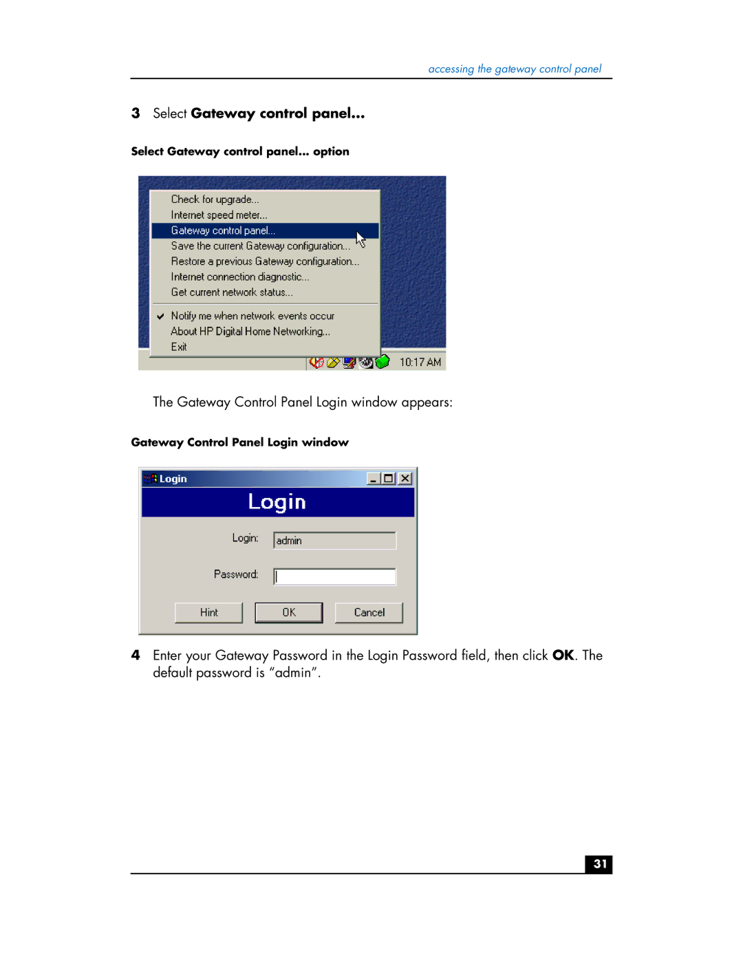 HP hn200e manual Select Gateway control panel 