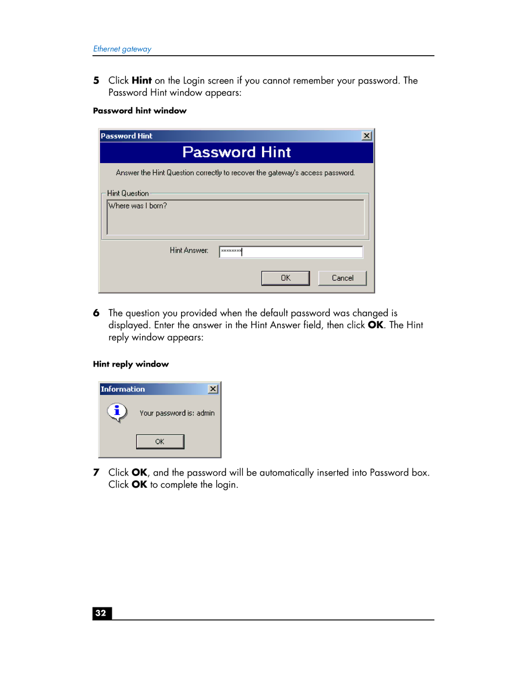 HP hn200e manual Password hint window 