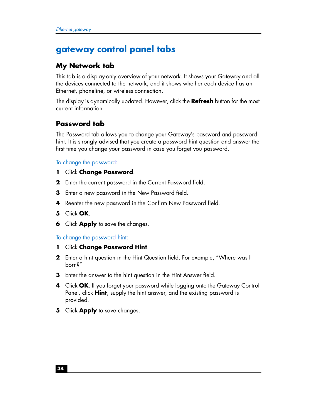 HP hn200e manual Gateway control panel tabs, My Network tab, Password tab, Click Change Password Hint 