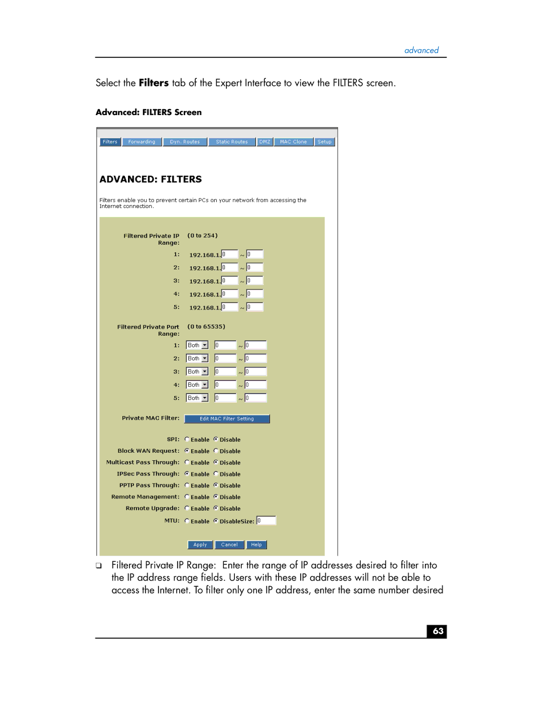 HP hn200e manual Advanced Filters Screen 