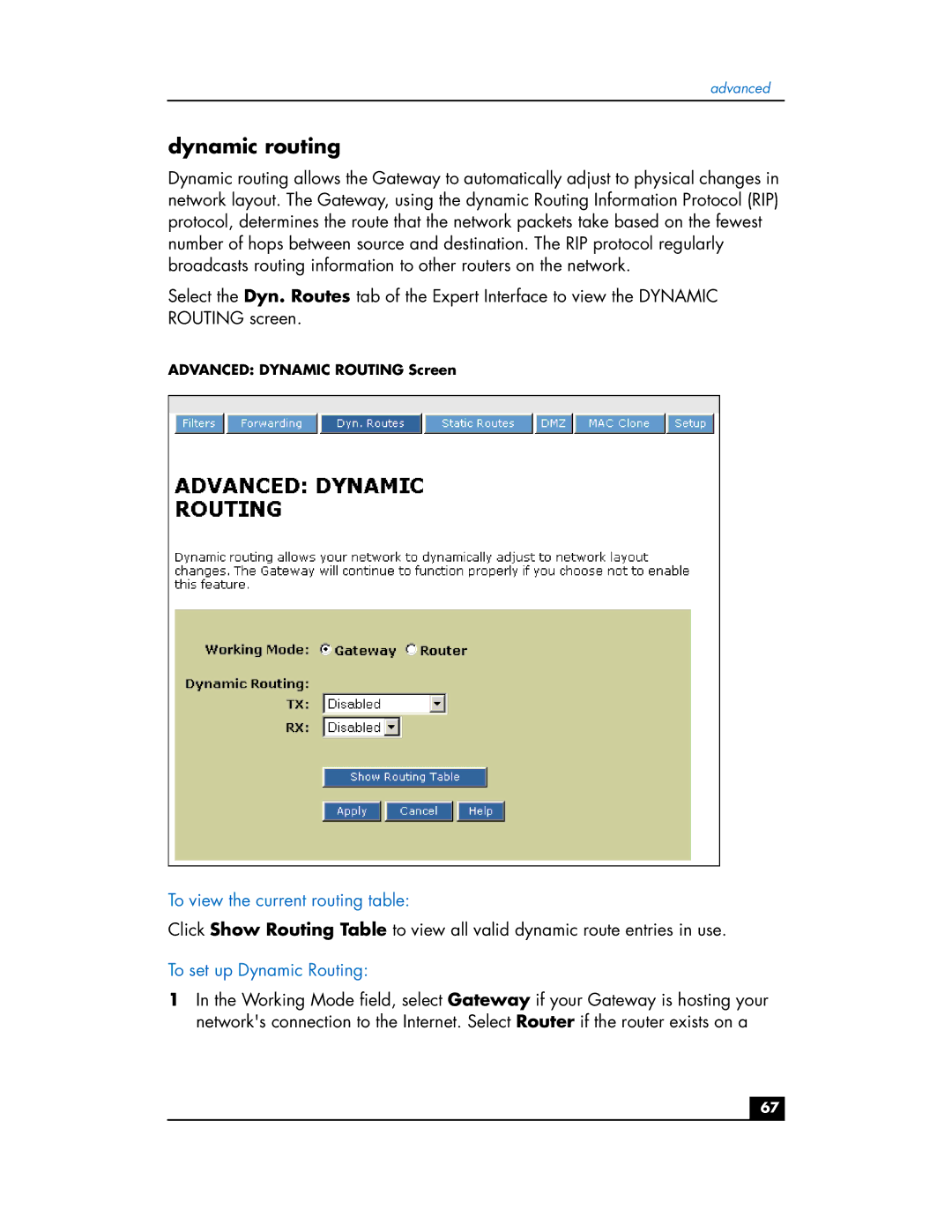 HP hn200e manual Dynamic routing, To view the current routing table, To set up Dynamic Routing 