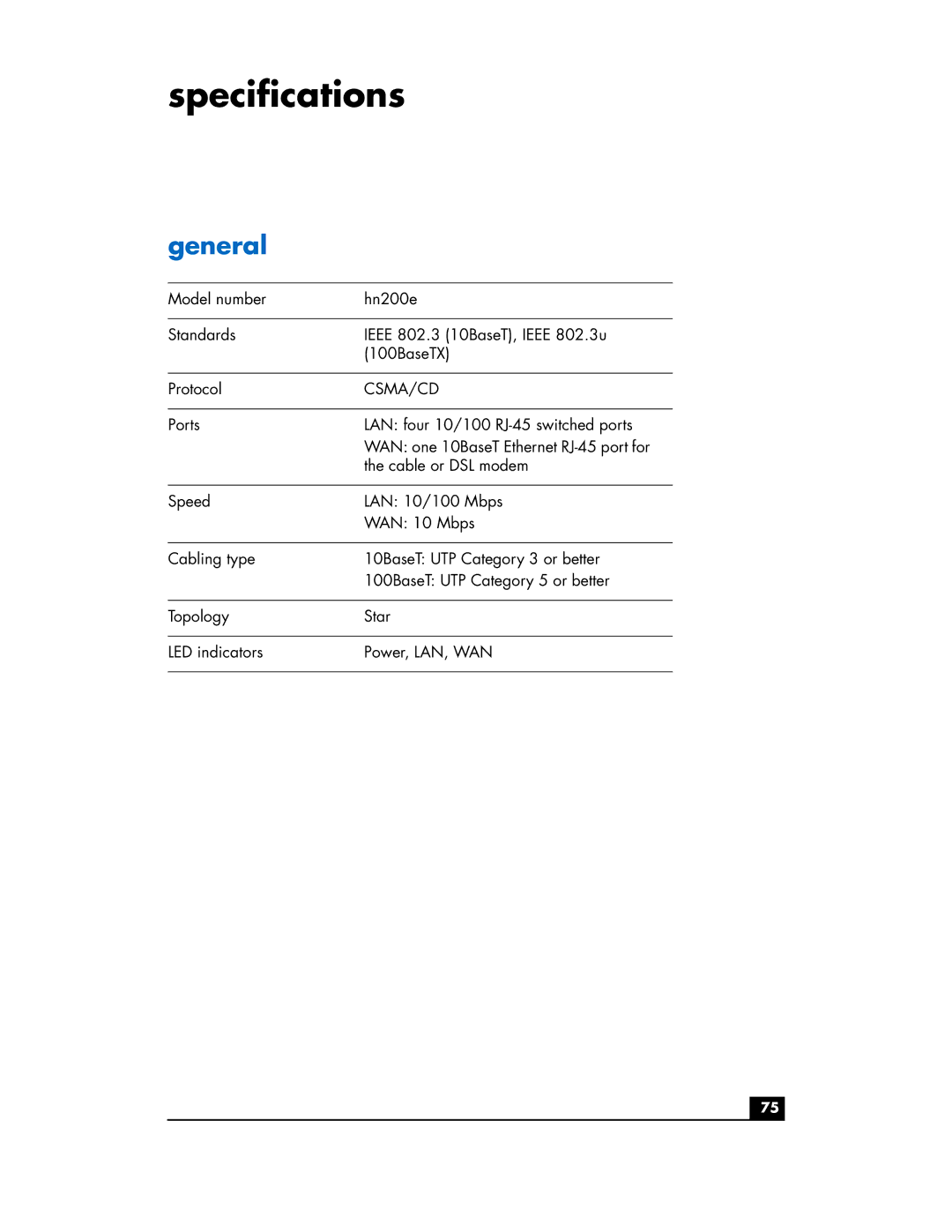 HP hn200e manual Specifications, General 