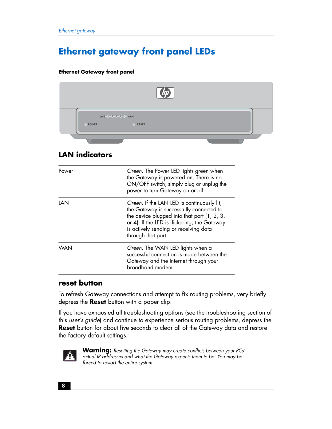 HP hn200e manual Ethernet gateway front panel LEDs, LAN indicators, Reset button 